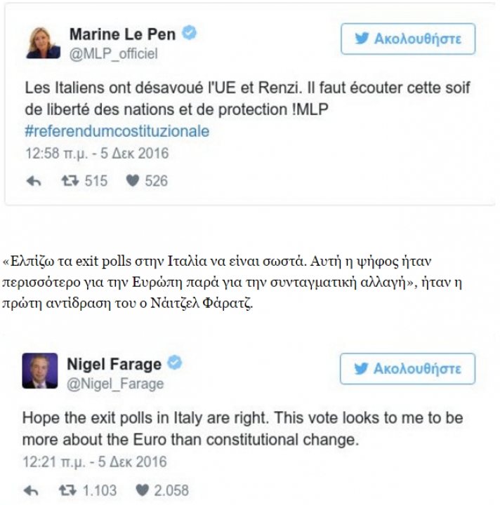 Πανηγυρίζουν Λεπέν και Φάρατζ για τo αποτέλεσμα του Δημοψηφίσματος στην Ιταλία